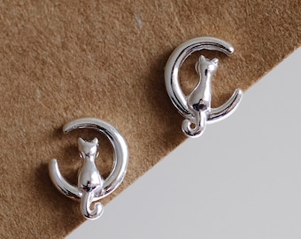Moon & Cat Silver Earrings - Dainty 925 Sterling Silver Stud Friction Push Back for Children Girls Women