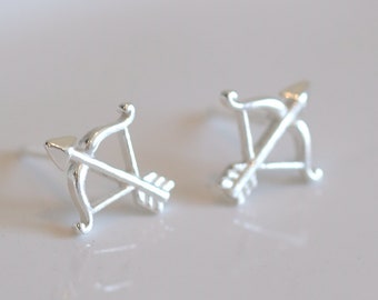 Bow & Arrow Silver Earrings - Dainty 925 Sterling Silver Stud Friction Push Back, Love, Hunting, Cupid, Affection, Gift, Minimalist