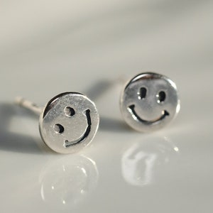 Smiley Face Silver Earrings (Oxidized) - Dainty 925 Sterling Silver Stud Friction Push Back Earrings for Children Girls Women