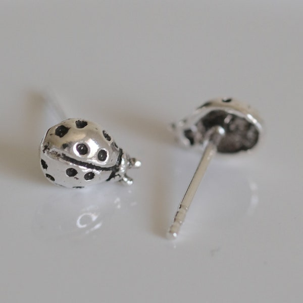 Ladybug Silver Earrings - Dainty 925 Sterling Silver Stud Friction Push Back Earrings for Children Girls Women, Insects, Gift, Cute, Luck