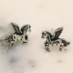 Pegasus Silver Earrings (Oxidized) - Dainty 925 Sterling Silver Stud Friction Push Back Earrings for Children Girls Women