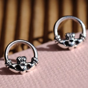 Irish Claddagh Silver Earrings (Oxidized) - Dainty 925 Sterling Silver Stud Friction Push Back Earrings for Children Girls Women