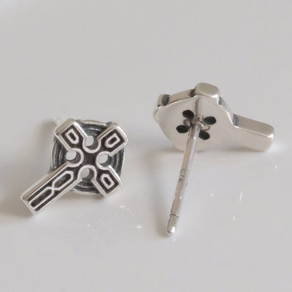 Celtic Cross Silver Earrings - Dainty 925 Sterling Silver Stud Friction Push Back for Children Girls Women, Religious, Christianity, Vintage