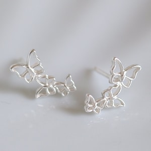 Three Butterfly Silver Stud Earrings - Dainty 925 Sterling Silver Stud Friction Push Back Earrings, Insects, Gift, Minimalist, Rebirth, Cute