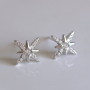 North Star Silver Stud Earrings with CZ - Dainty 925 Sterling Silver Stud Friction Push Back Earrings for Children Girls Women, Minimalist