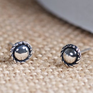 Circle Rope Silver Earrings (Oxidized) - Dainty 925 Sterling Silver Stud Friction Push Back for Children Girls Women