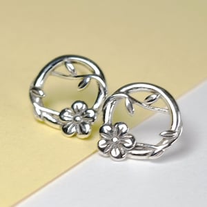Flower Circle Silver Earrings (Oxidized) - Dainty 925 Sterling Silver Stud Friction Push Back Earrings for Children Girls Women, Minimalist
