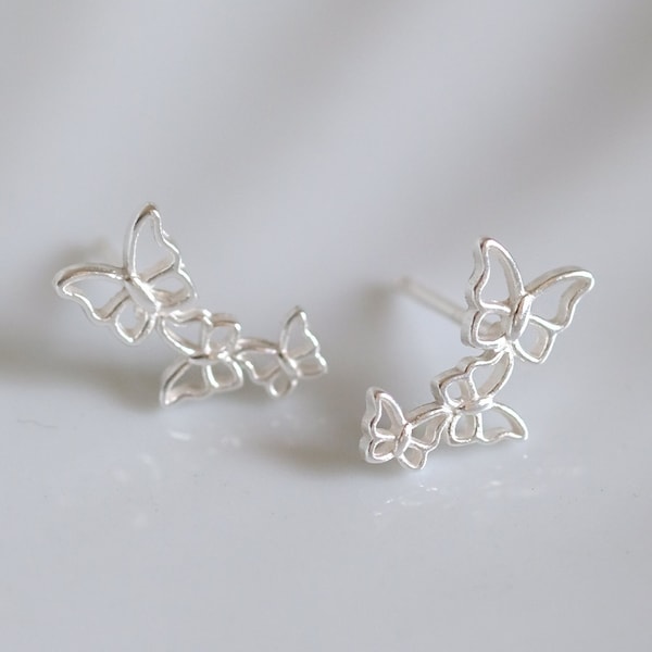 Three Butterfly Silver Stud Earrings - Dainty 925 Sterling Silver Stud Friction Push Back Earrings, Insects, Gift, Minimalist, Rebirth, Cute