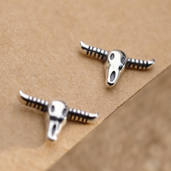 Longhorn Silver Earrings (Oxidized) - Dainty 925 Sterling Silver Stud Friction Push Back for Children Girls Women