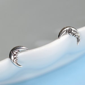 Moon Face Silver Earrings (Oxidized) - Dainty 925 Sterling Silver Stud Friction Push Back Earrings for Children Girls Women