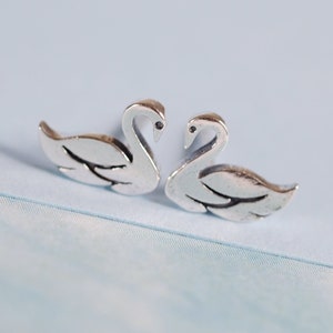 Swan Silver Earrings (Oxidized) - Dainty 925 Sterling Silver Stud Friction Push Back Earrings for Children Girls Women