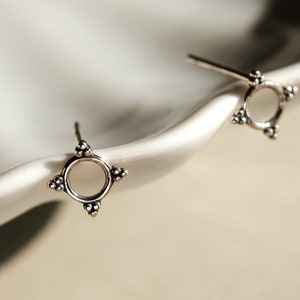 Bali Circle Silver Earrings (Oxidized) - Dainty 925 Sterling Silver Stud Friction Push Back Earrings for Children Girls Women