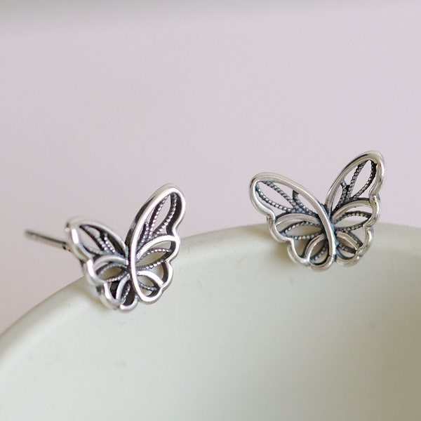 Butterfly Filigree Silver Earrings - Dainty 925 Sterling Silver Stud Friction Push Back Earrings for Children Girls Women, Insects, Gift