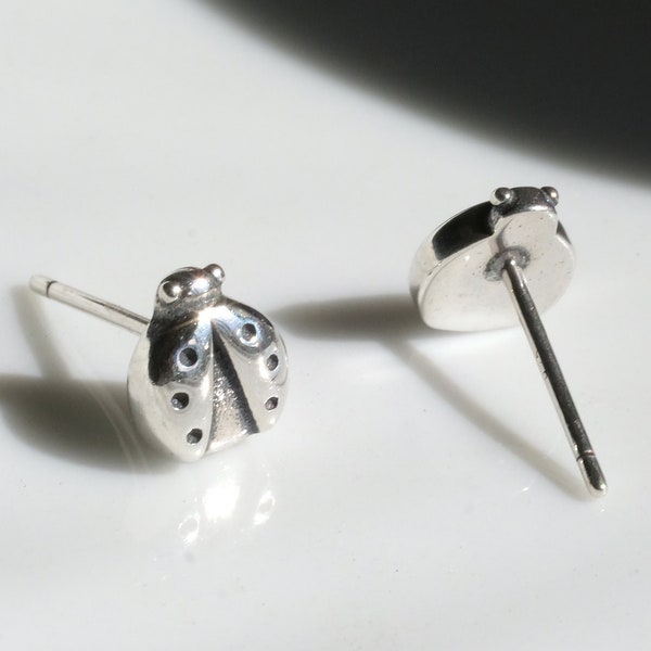 Ladybug Silver Earrings - Dainty 925 Sterling Silver Stud Friction Push Back Earrings for Children Girls Women, Insects, Gift, Cute, Luck