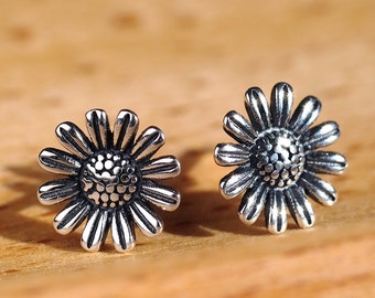 Daisy Flower Silver Earrings (Oxidized) - Dainty 925 Sterling Silver Stud Friction Push Back Earrings for Children Girls Women