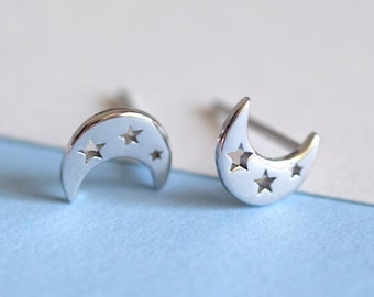 Crescent Moon with Star Silver Stud Earrings - Dainty 925 Sterling Silver Stud Push Back Earrings for Children Girls Women, Minimalist