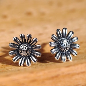 Daisy Flower Silver Earrings (Oxidized) - Dainty 925 Sterling Silver Stud Friction Push Back Earrings for Children Girls Women