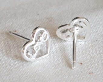 Heart with Love Silver Earrings - Dainty 925 Sterling Silver Stud Friction Push Back Earrings, Minimalist, Cute, Gift, Love, Valentines