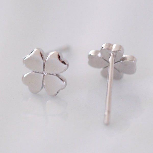 Four Leaf Clover Silver Earrings - Dainty 925 Sterling Silver Stud Friction Push Back for Children Girl Women, Minimalist, Luck, Gift, Cute