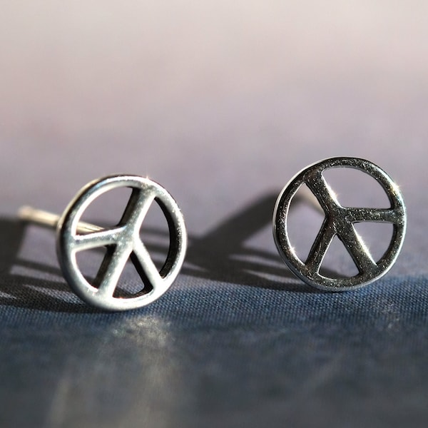 Peace Sign Circle Silver Earrings (Oxidized) - Dainty 925 Sterling Silver Stud Friction Push Back Earrings for Children Girls Women