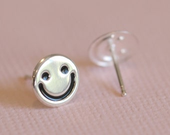 Smiley Face Silver Earrings - Dainty 925 Sterling Silver Stud Friction Push Back Earrings, Smile Emoji, Happy Face, Happiness, Gift, Cute