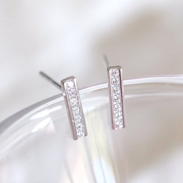 Petit Bar Silver Stud Earrings with CZ - Dainty 925 Sterling Silver Stud Friction Push Back Earrings for Children Girls Women, Minimalist,