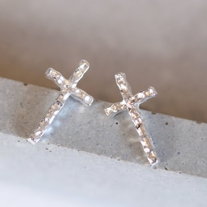 Hammered Cross Silver Earrings - Dainty 925 Sterling Silver Stud Friction Push Back Earrings for Children Girls Women, Minimalist