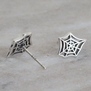 Spider Web Silver Earrings - Dainty 925 Sterling Silver Stud Friction Push Back Earrings for Children Girls Women, Gothic, Halloween, Gift