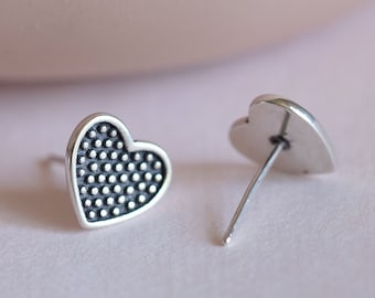 Heart Silver Stud Earrings - Dainty 925 Sterling Silver Stud Friction Push Back Earrings for Children Girls Women, Love, Romantic, Affection