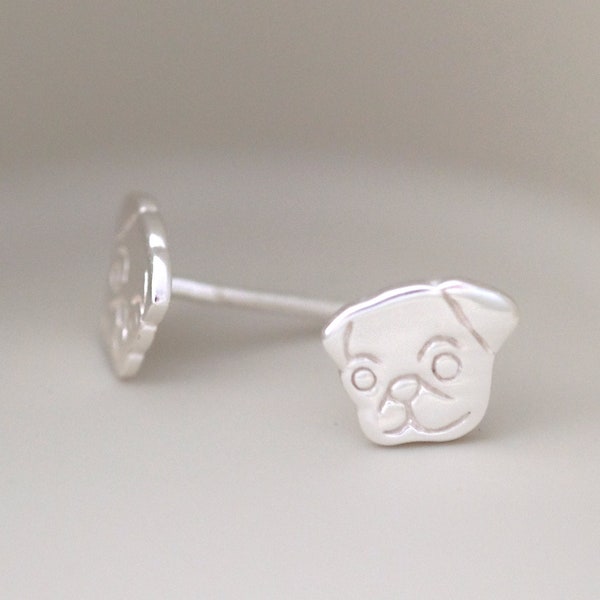 Pug Dog Face Silver Earrings - Dainty 925 Sterling Silver Stud Friction Push Back for Children Girls Women, Minimalist, Cute, Gift Idea