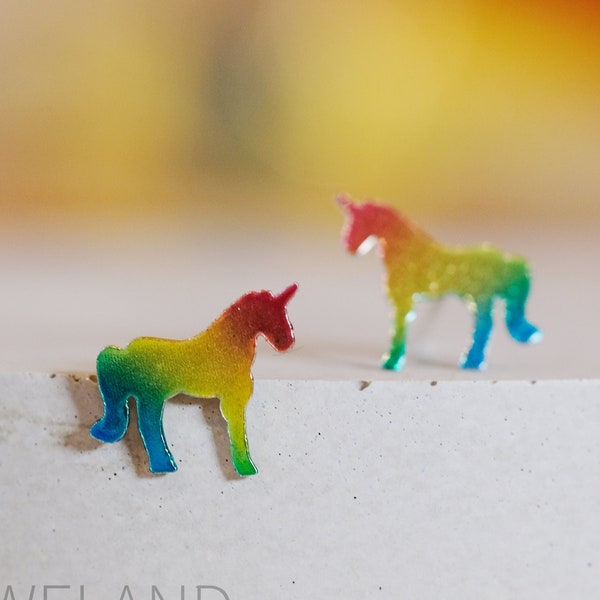 Rainbow Unicorn Silver Earrings - Dainty 925 Sterling Silver Stud Friction Push Back for Children Girls Women, Minimalist, Cute, Gift Idea