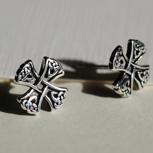 Celtic Cross Silver Earrings (Oxidized) - Dainty 925 Sterling Silver Stud Friction Push Back for Children Girls Women