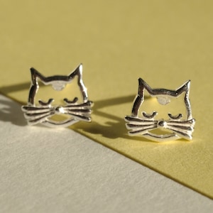 Cat Face Silver Earrings -  Dainty 925 Sterling Silver Stud Friction Push Back Earrings for Children Girl Women, Minimalist, Cat Lover, Gift