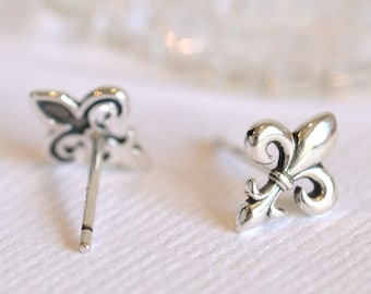 Fleur De Lis Silver Earrings - Dainty 925 Sterling Silver Stud Friction Push Back Earrings for Children Girl Women, Minimalist, Lily, Flower
