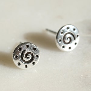 Spiral Button Silver Earrings - Dainty 925 Sterling Silver Stud Friction Push Back for Children Girls Women, Minimalist, Trendy