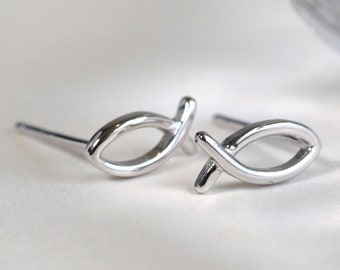 Ichthys Christian Fish Silver Earrings  - Dainty 925 Sterling Silver Stud Friction Push Back Earrings for Children Girls Women