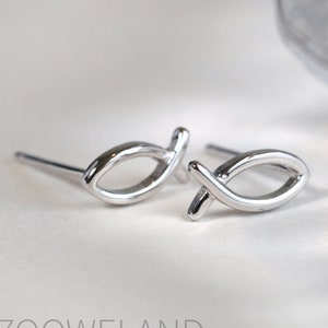 Ichthys Christian Fish Silver Earrings  - Dainty 925 Sterling Silver Stud Friction Push Back Earrings for Children Girls Women