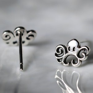Octopus Silver Earrings (Oxidized) - Dainty 925 Sterling Silver Stud Friction Push Back for Children Girls Women