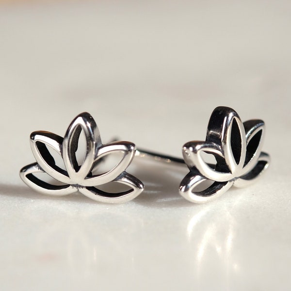 Lotus Flower Silver Earrings (Half) (Oxidized) - Dainty 925 Sterling Silver Stud Friction Push Back Earrings, Yoga, Gen, Purity, Strength