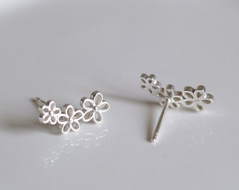 Three Flowers Silver Stud Earrings - Dainty 925 Sterling Silver Stud Friction Push Back Earrings, Floral, Nature, Valentine's, Gift, Cute