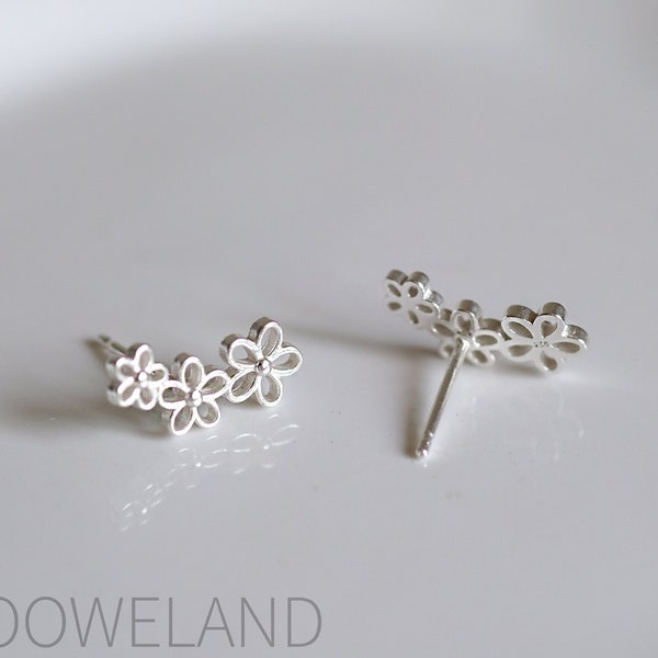 Three Flowers Silver Stud Earrings - Dainty 925 Sterling Silver Stud Friction Push Back Earrings, Floral, Nature, Valentine's, Gift, Cute