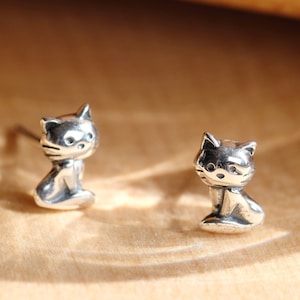 Cat Silver Earrings (Oxidized) - Dainty 925 Sterling Silver Stud Friction Push Back Earrings for Children Girls Women