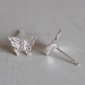 Butterfly Silver Earrings with CZ- Dainty 925 Sterling Silver Stud Friction Push Back Earrings, Insects, Gift, Minimalist, Rebirth, Cute