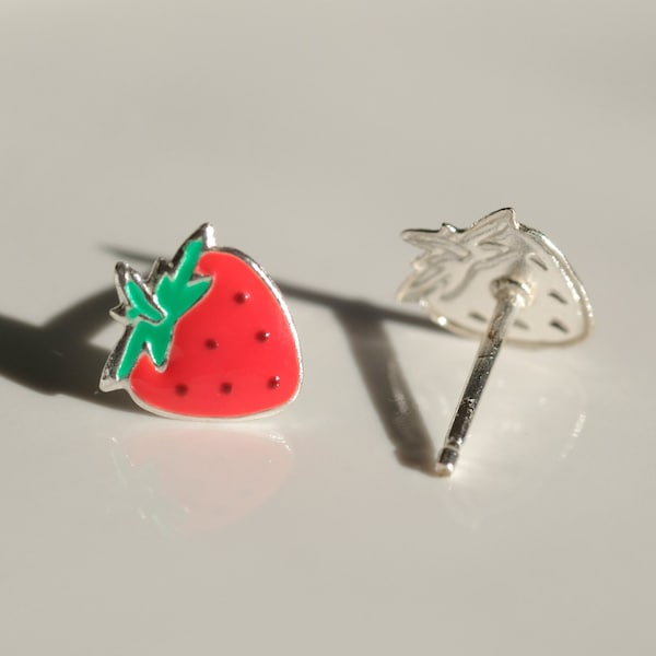 Strawberry Silver Stud Earrings - Dainty 925 Sterling Silver Stud Friction Push Back for Children Girls Women, Fruit, Red, Delicious, Cute