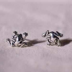 May include: Two silver frog figurines. The frogs are in a sitting position with their arms and legs outstretched. The frog figurines are detailed with textured skin and are placed on a light-colored surface.