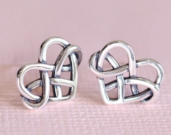 Celtic Heart Silver Earrings (Oxidized) - Dainty 925 Sterling Silver Stud Friction Push Back Earrings for Children Girls Women