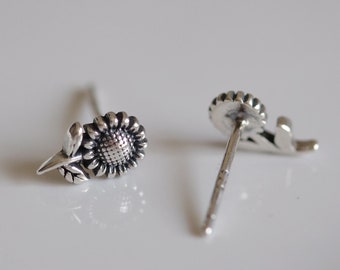 Sunflower Flower with Stem Silver Earrings - Dainty 925 Sterling Silver Stud Friction Push Back Earrings for Children Girls Women, Floral