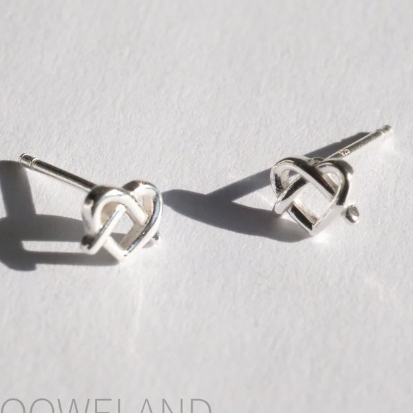 Twisted Pretzel Heart Silver Earrings  - Dainty 925 Sterling Silver Stud Friction Push Back Earrings for Children Girls Women, Love, Cute