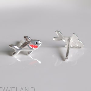 Shark Silver Earrings - Dainty 925 Sterling Silver Stud Friction Push Back for Children Girls Women, Ocean, Great White Shark, Jaws