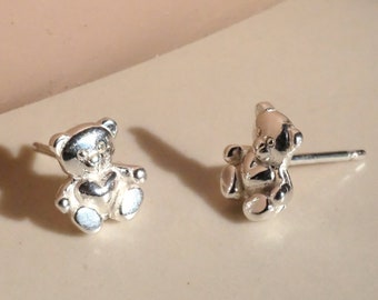 Teddy Bear with Heart Silver Earrings - Dainty 925 Sterling Silver Stud Friction Push Back for Children Girls Women, Animal, Unique, Cute